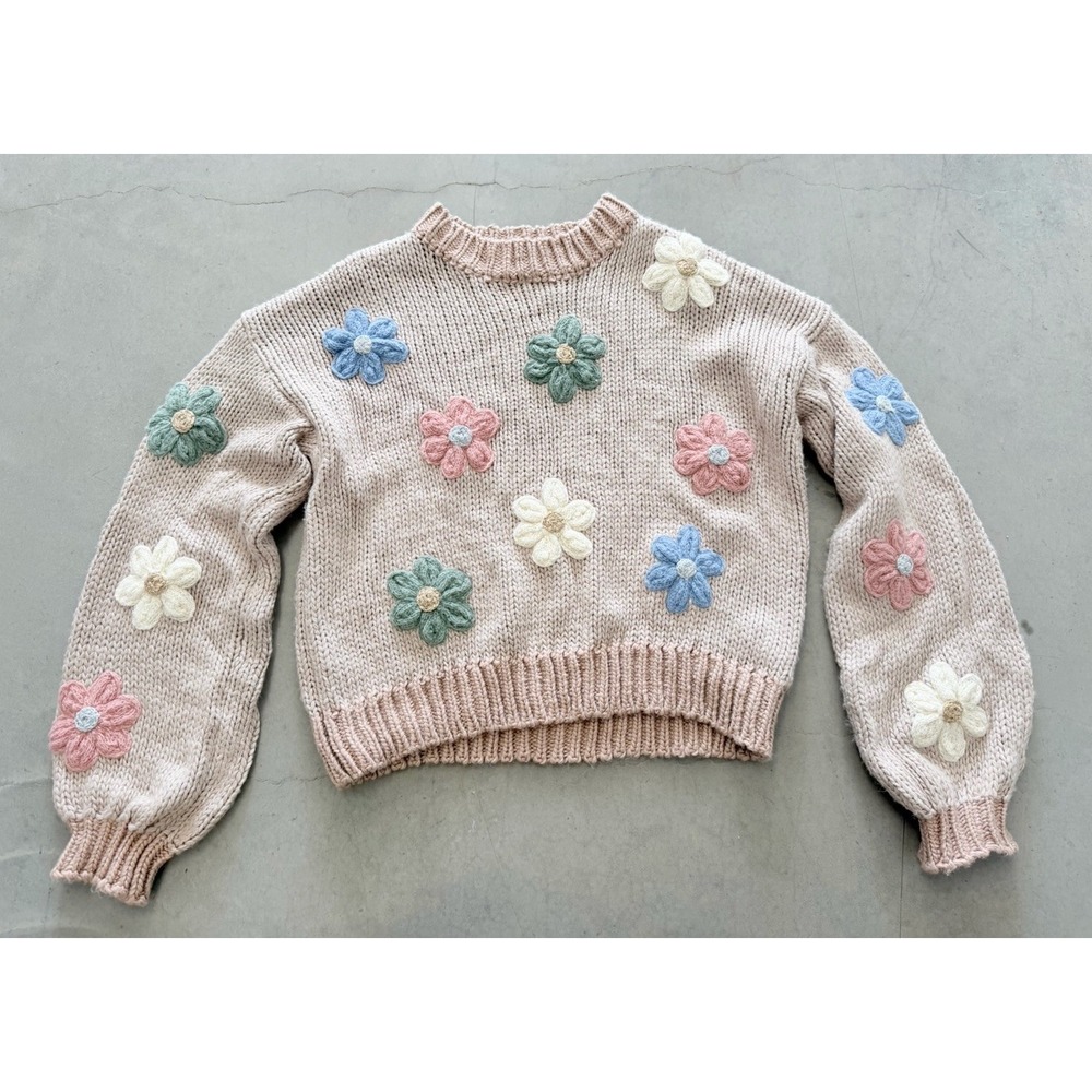 Tullabee Women's XL Chunky Knit Sweater 3D Floral Appliqué Balloon Sleeve Boho